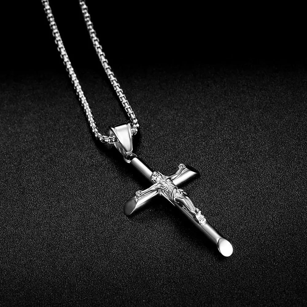 Jesus Cross Pendant Collar Chain Necklace — Stainless Steel