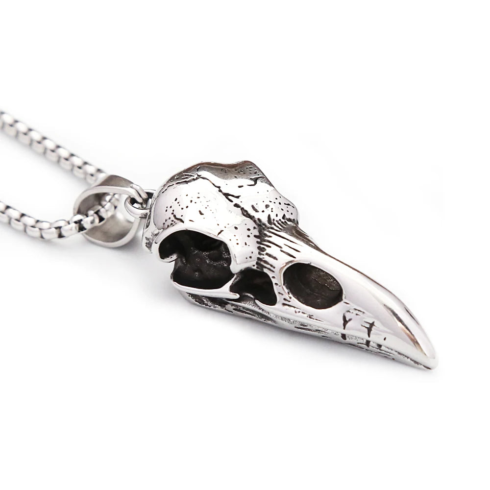 Vintage Nordic Odin Crow Skull Pendant Necklace for Men Stainless Steel Raven Skull Necklaces Pagan Amulet Jewelry