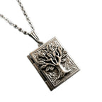 Vintage Stainless Steel Tree of Life Embossed Book Shape Open Photo Locket Necklace for Men Women Memorial Keepsake Jewelry Gift