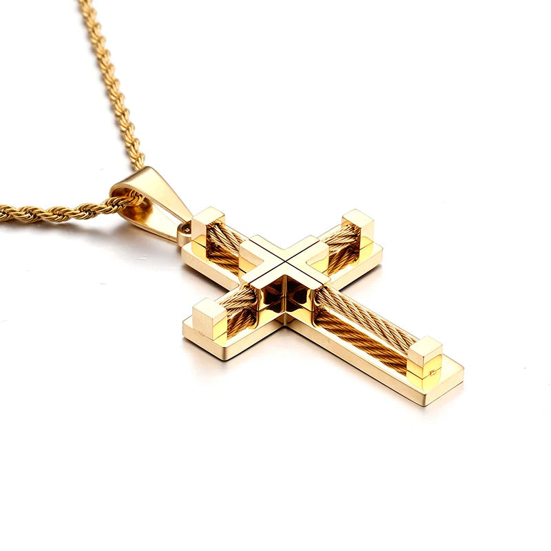 Fongten Stainless Steel Pendant Necklace for Men Multiple Color Cable Cross Twisted Link Chain Male Neck Christian