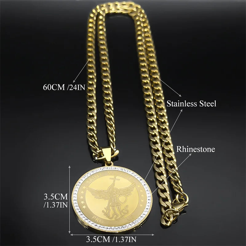 SAINT MICHAEL PROTECT US Archangel Men Crystal Necklace Stainless Steel Gold Color Catholic Religious Necklaces Jewelry