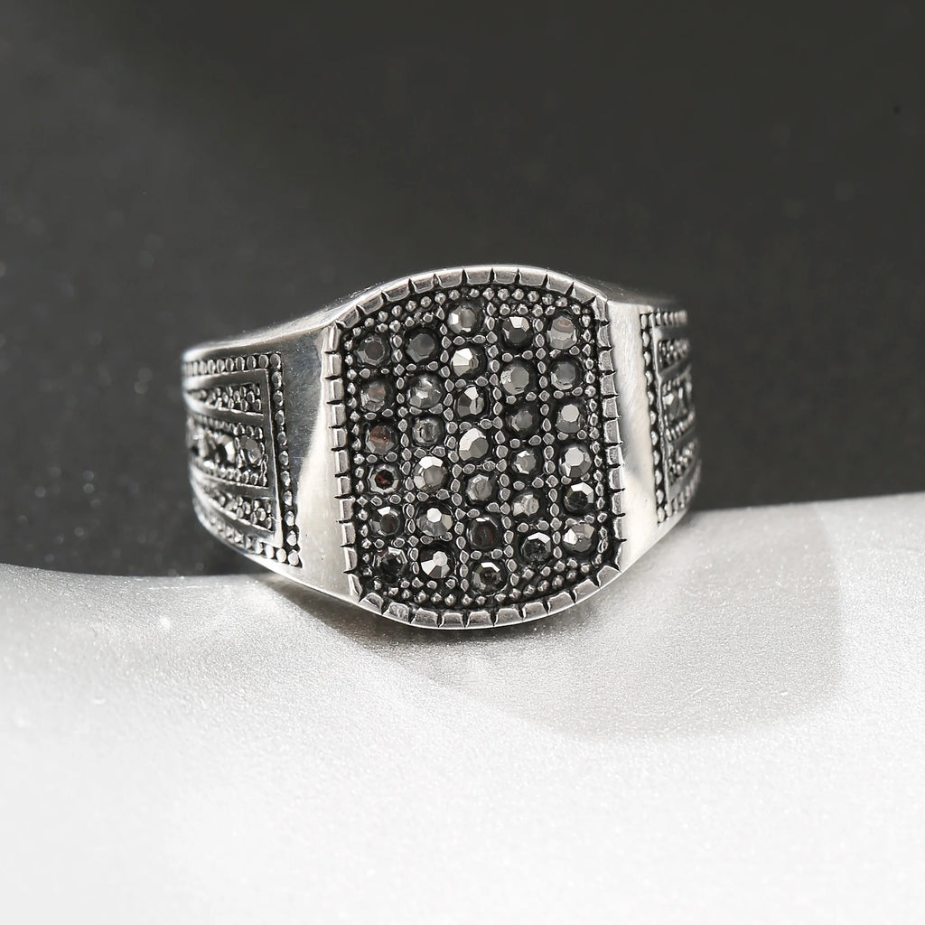 LNCHRAN Men 316L Stainless Steel Silvery Paved Black Synthetic Zircon Signet Ring Gothic Jewelry Gift For Men