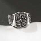 LNCHRAN Men 316L Stainless Steel Silvery Paved Black Synthetic Zircon Signet Ring Gothic Jewelry Gift For Men