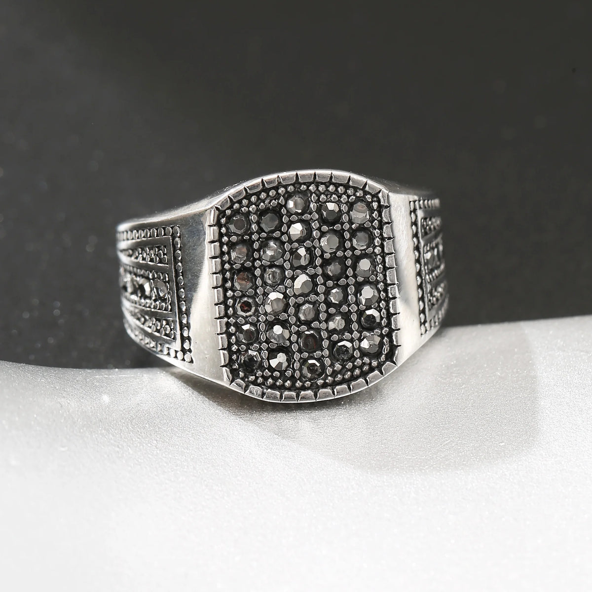 LNCHRAN Men 316L Stainless Steel Silvery Paved Black Synthetic Zircon Signet Ring Gothic Jewelry Gift For Men