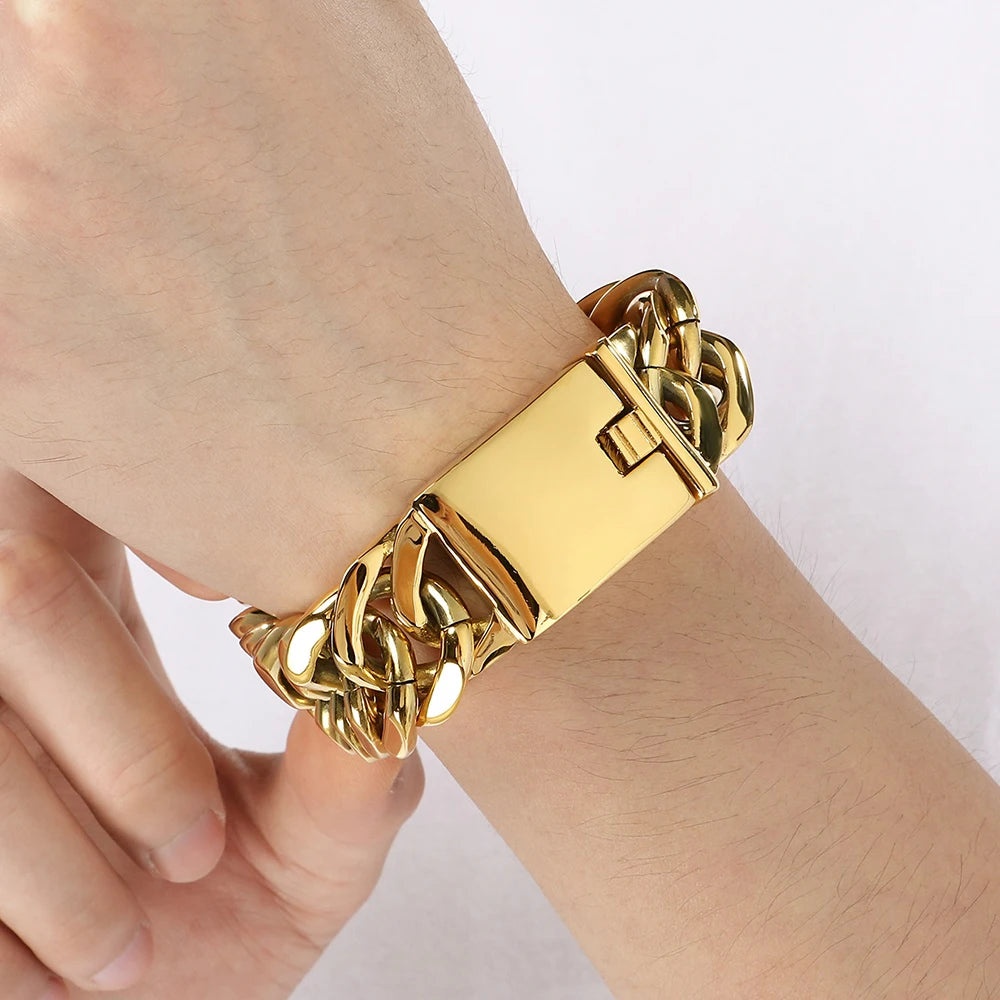 Cool 17MM Width Curb Cuban Link Chain Bracelet for Man Polished Stainless Steel Men's Bracelets Punk Rock Jewelry