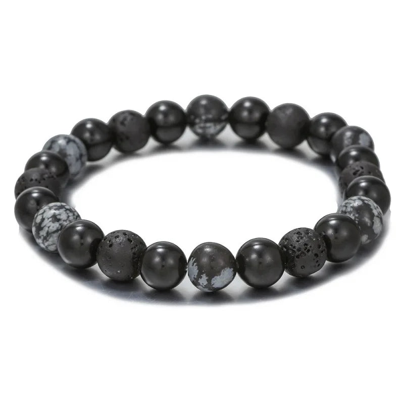Vintage Dark Tone Natural Stone Bracelet, Matte Black Onyx Mixed Snowflake Obsidian Beaded Bracelet, Trendy Gothic