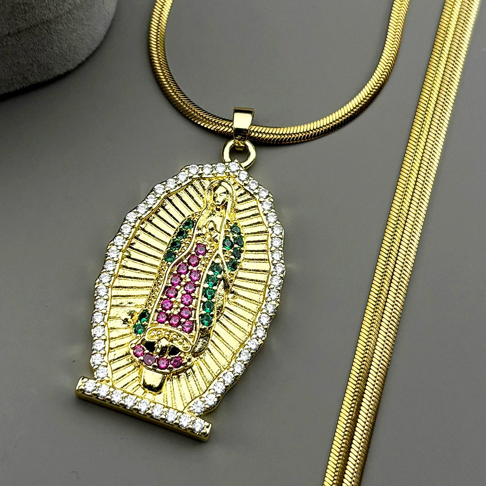 Catholic Virgin Mary Zircons Copper Pendant Necklace for Women Men Stainless Steel Gold Color Our Lady of Guadalupe