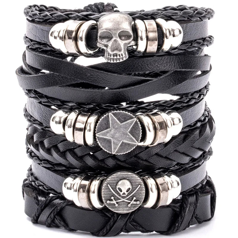 4/5/6pcs Evil Eye Wing Star Skull Diy Braided Punk Style Bracelet Set, Featuring Pu Leather And Beads Bracelet