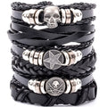 4/5/6pcs Evil Eye Wing Star Skull Diy Braided Punk Style Bracelet Set, Featuring Pu Leather And Beads Bracelet
