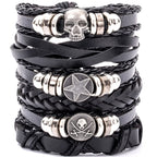 4/5/6pcs Evil Eye Wing Star Skull Diy Braided Punk Style Bracelet Set, Featuring Pu Leather And Beads Bracelet