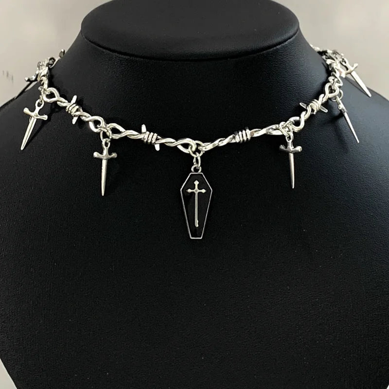 Goth Dropping Oil Bloody Coffin Pendant Choker Necklace Punk Hip Hop Jewelry Y2K Vampire Little Thorns Chain Choker Gift
