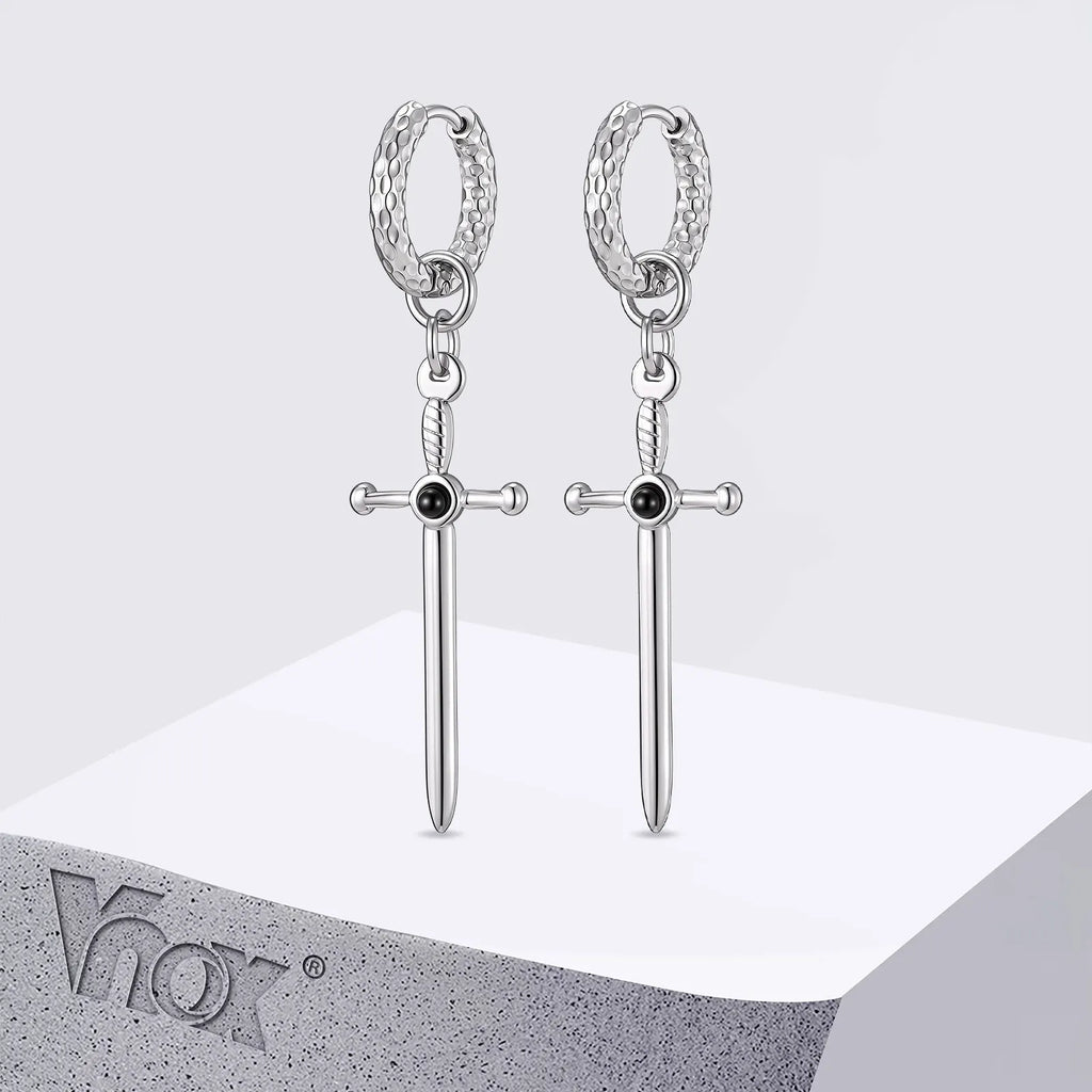 Vnox Stainless Steel Black Onyx Sword Huggie Hoop Earrings Punk Rock Dangle Earring for Men Women Couples Trendy Gothic