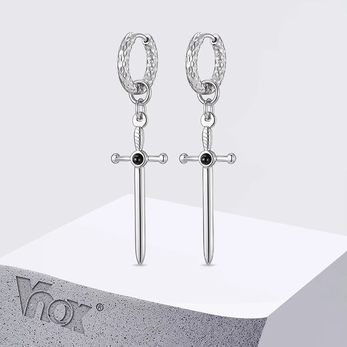 Vnox Stainless Steel Black Onyx Sword Huggie Hoop Earrings Punk Rock Dangle Earring for Men Women Couples Trendy Gothic