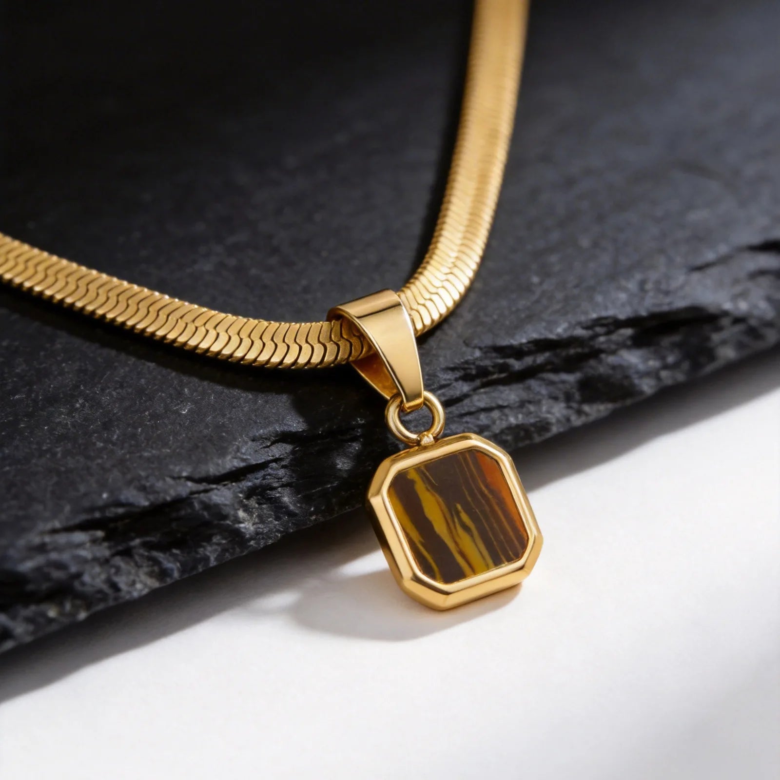 Vnox Geometric Square Natural Stone Pendant Necklace for Men, Gold Silver Color Stainless Steel Blade Chain, Trendy