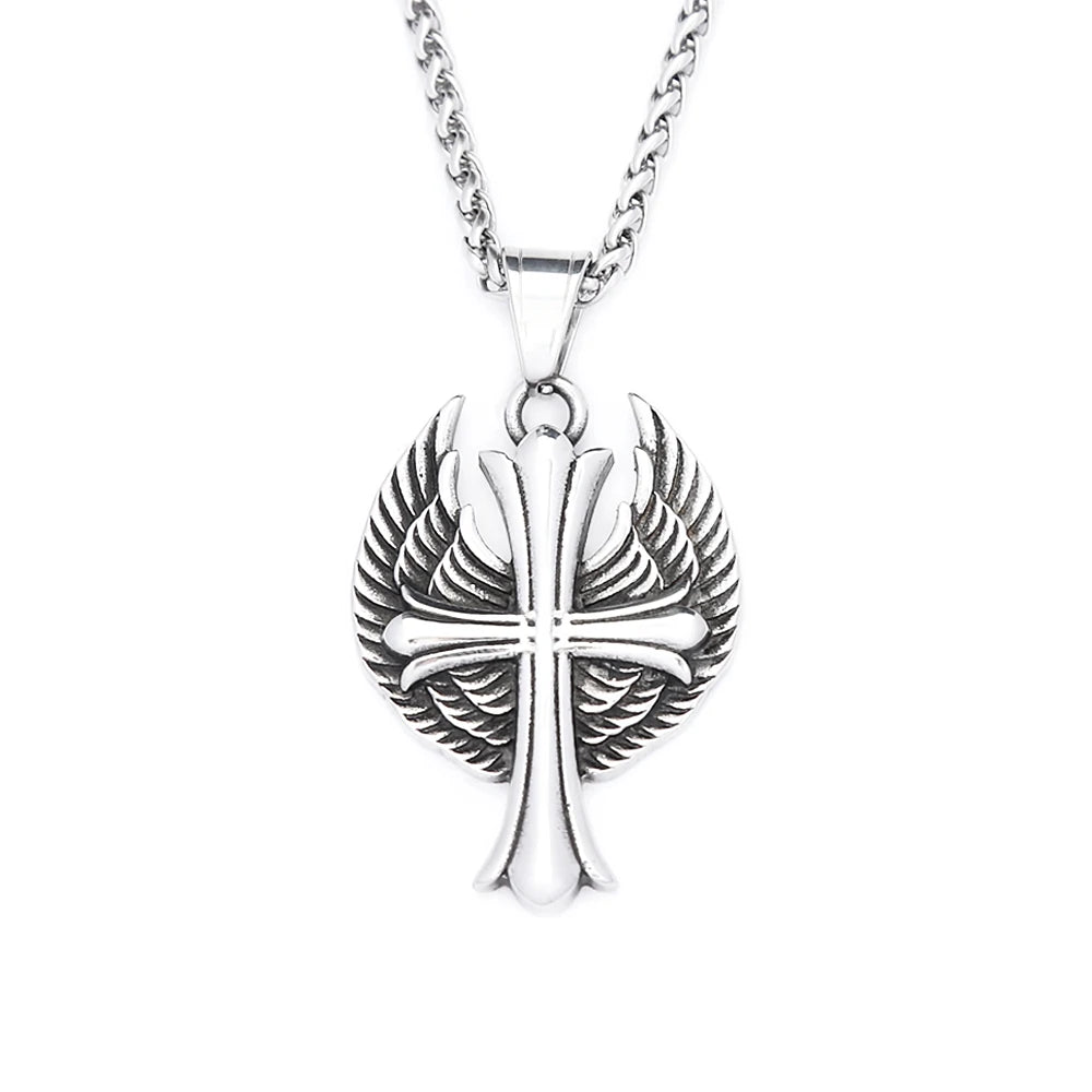 Cross Steel Pendant Vintage Punk Angel Wings Memorial
