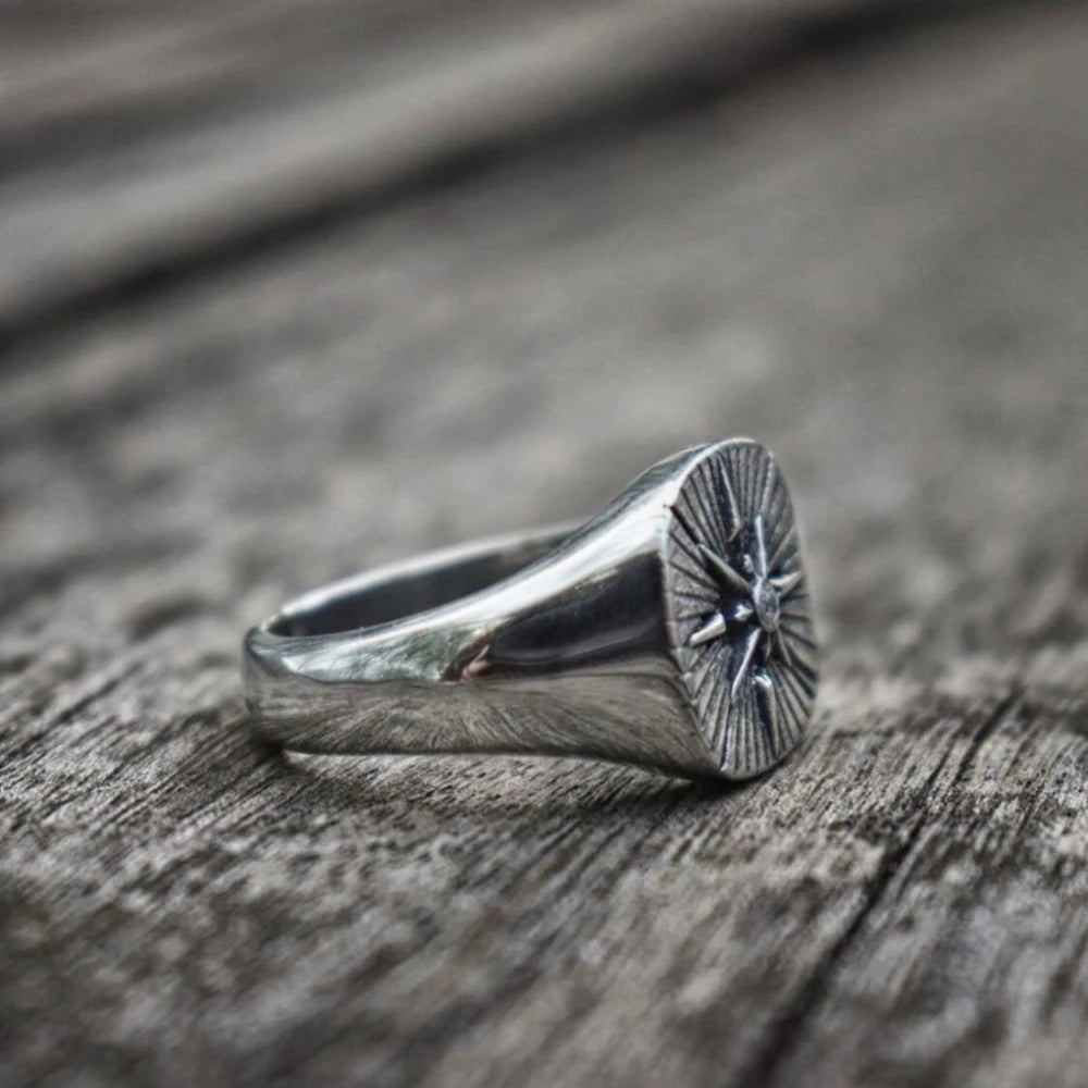 Nautical Biker CZ North Star Compass Signet Ring For Men Hip Hop Punk Cross Stainless Steel Vintage Party Jewelry