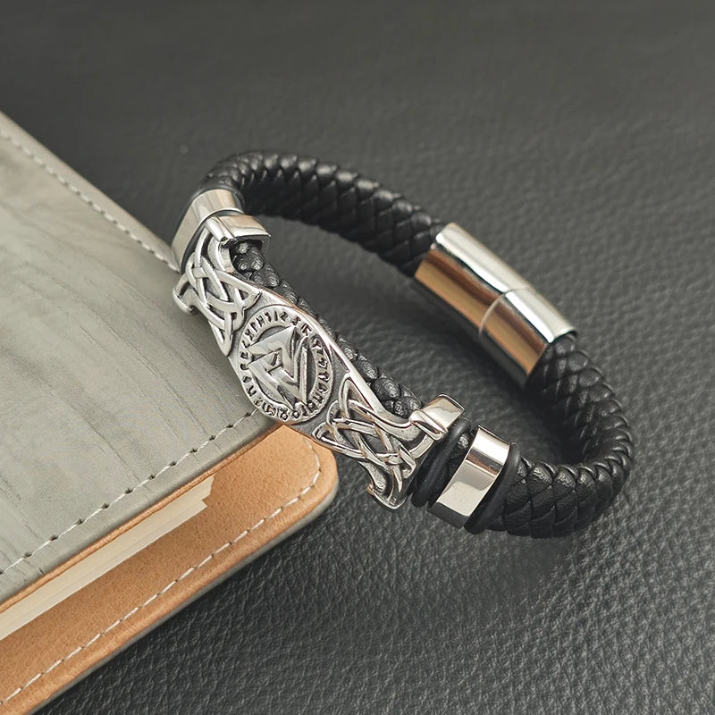 Viking Valknut Leather Braid Bracelet — Stainless Steel