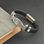 Viking Valknut Leather Braid Bracelet — Stainless Steel
