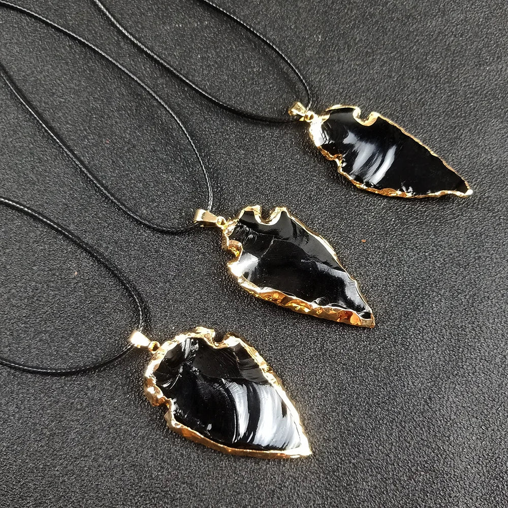 Natural Black Obsidian Arrow Shaped Crystals Pendant Golden Edge Plated Raw Healing Crystal Irregular Arrow Head Amulet