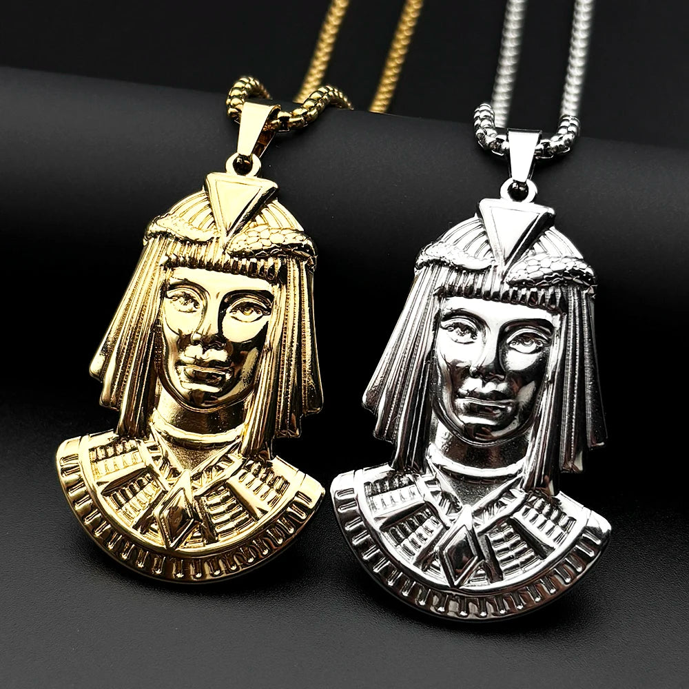 Egyptian Pharaoh Head Pendant Necklace — Gold-Tone Steel