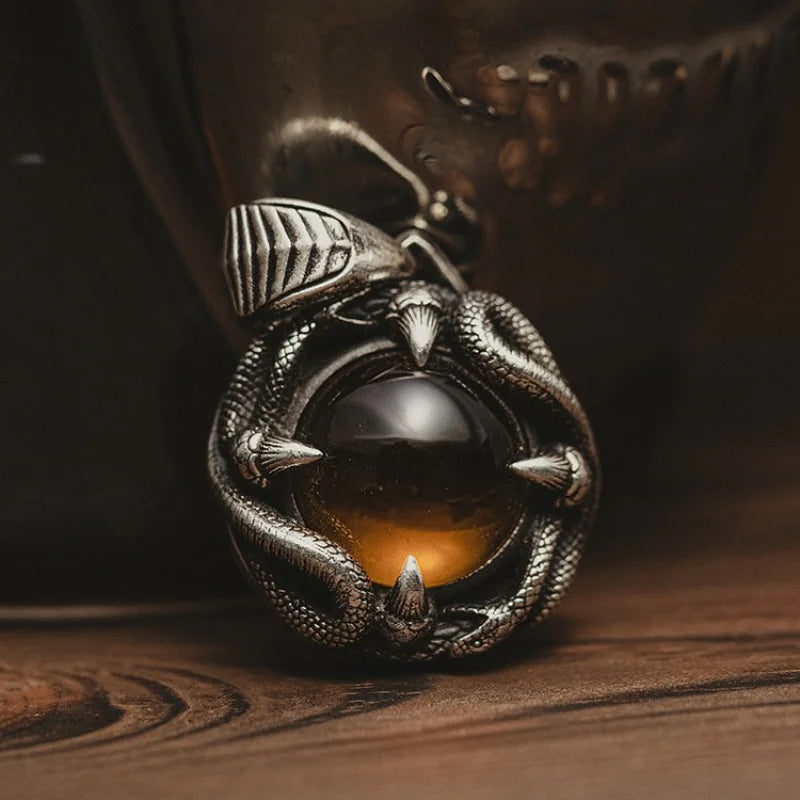 Copper Electroplated Gold Endless Glory Pendant 925Sterling Silver Men's Necklace Vintage Distressed Necklace with Amber Stone I