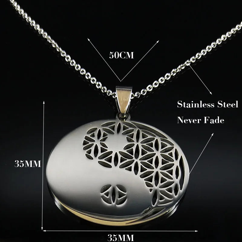 Yin Yang Flower of Life Stainless Steel Necklace for Women Men Silver Color Necklaces & Pendants Jewelry bisuteria N428-QKCS02
