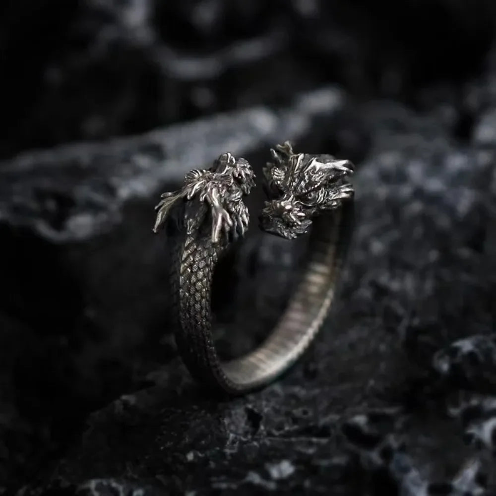New Personalized Retro Domineering Trend Two-headed Dragon Ring Men Women Punk Adjustable Ring Hip Hop Rock Simple