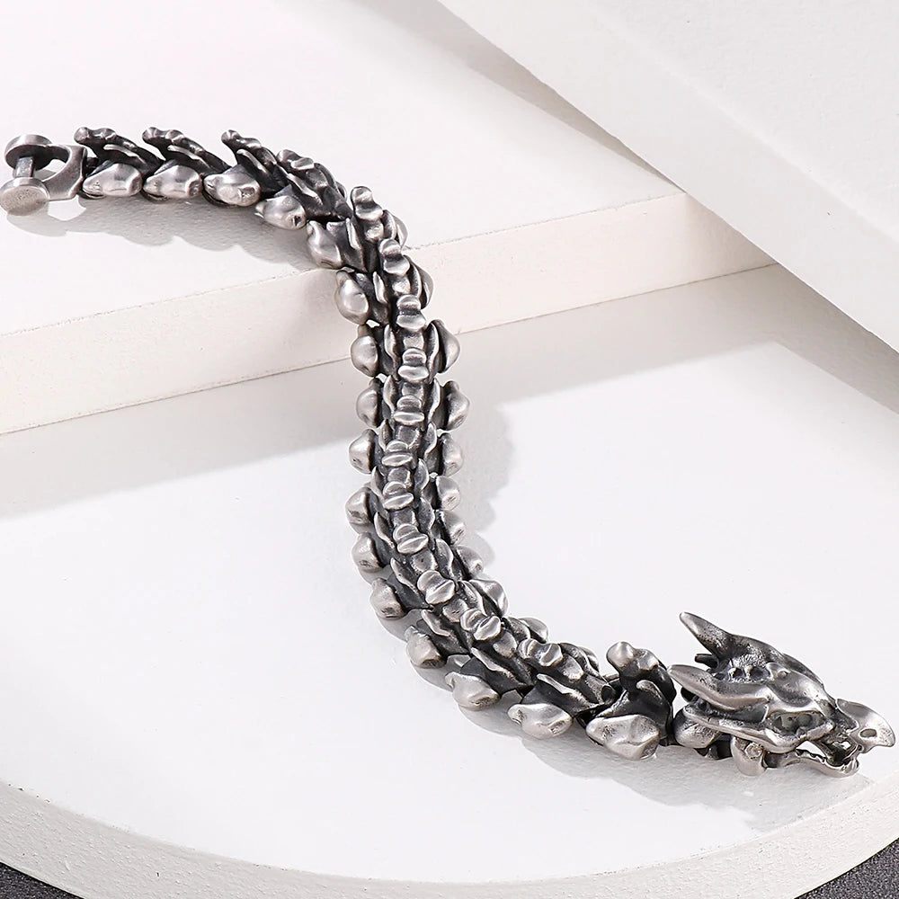 Punk Rock Chinese Loong Dragon Head & Body Chain Bracelet for Man Matte Brushed Stainless Steel Bracelets Men's Male