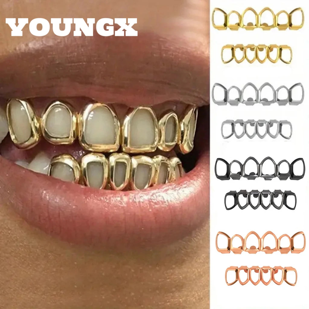 Glossy Hollow Teeth Grillz Top & Bottom Caps, 6 or 8 Teeth