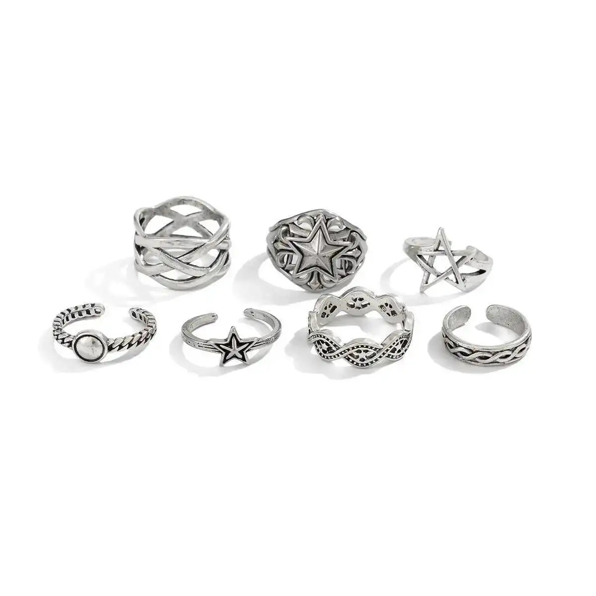 KunJoe 7 Pcs/Set Hip Hop Irregular Star Open Rings for Men New Punk Geometric Pentagram Adjustable Ring Male Jewelry