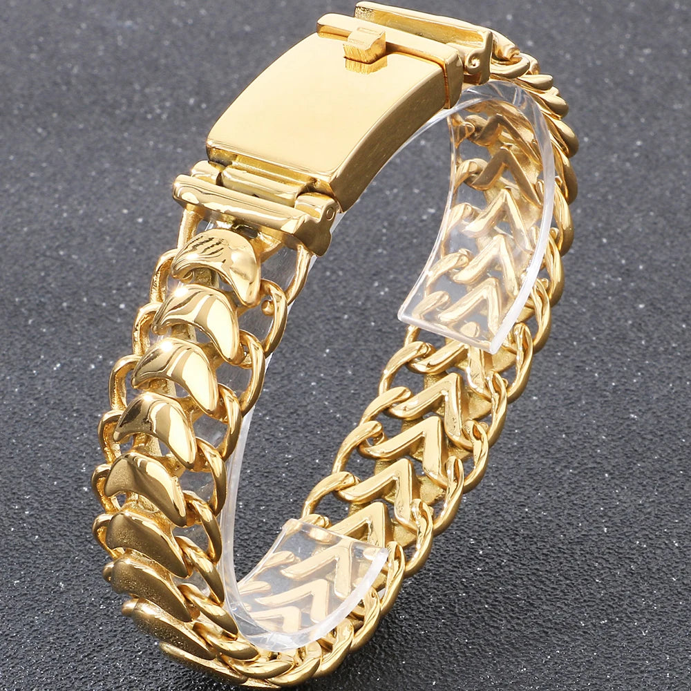 Hiphop Male Bracelets for Man Gold Color Stainless Steel 19MM Width Keel Curb Link Chain Men's Bracelets Christmas