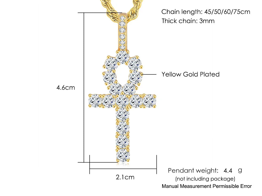 Gold Iced Out Cross Ankh Pendant Necklace