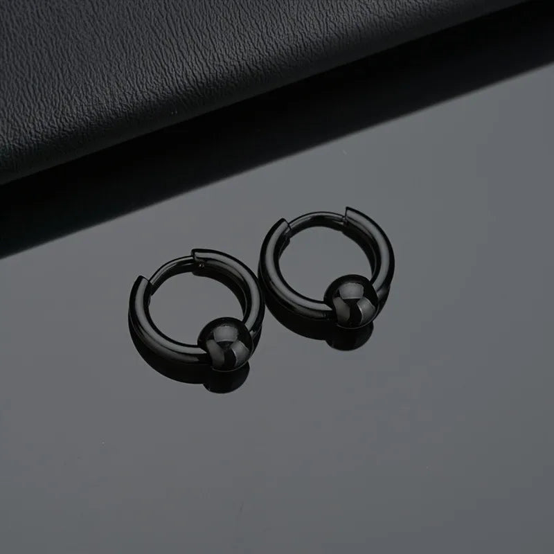 2pcs Stainless Steel Hoop Earrings For Men Small Circle Metal Ball Anti-allergic Ear Buckle Rock Hip Hop Artificial