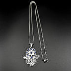 Turkish Evil Eye Hamsa Hand Necklace — Blue CZ, Stainless Steel
