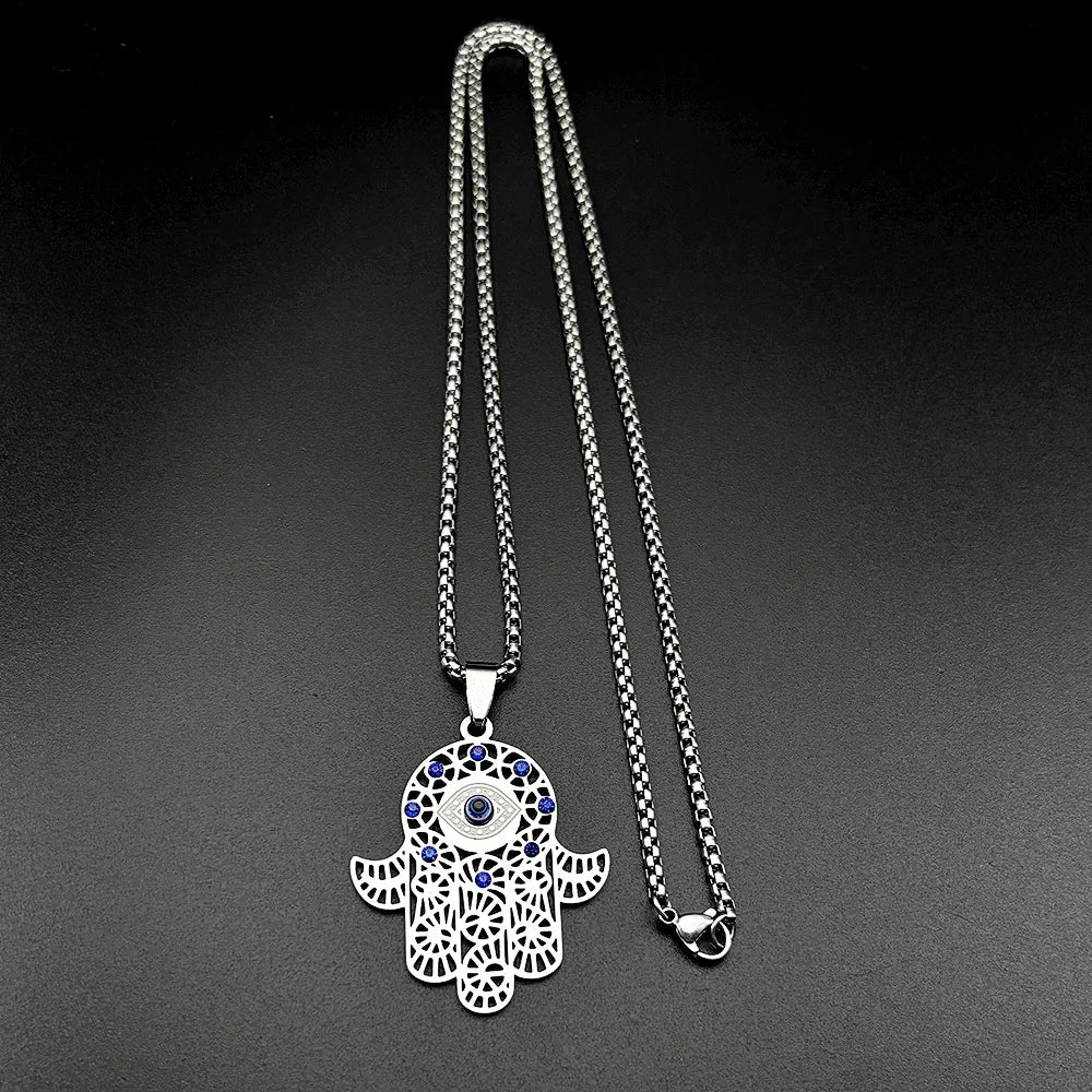 Turkish Evil Eye Hamsa Hand Necklace — Blue CZ, Stainless Steel