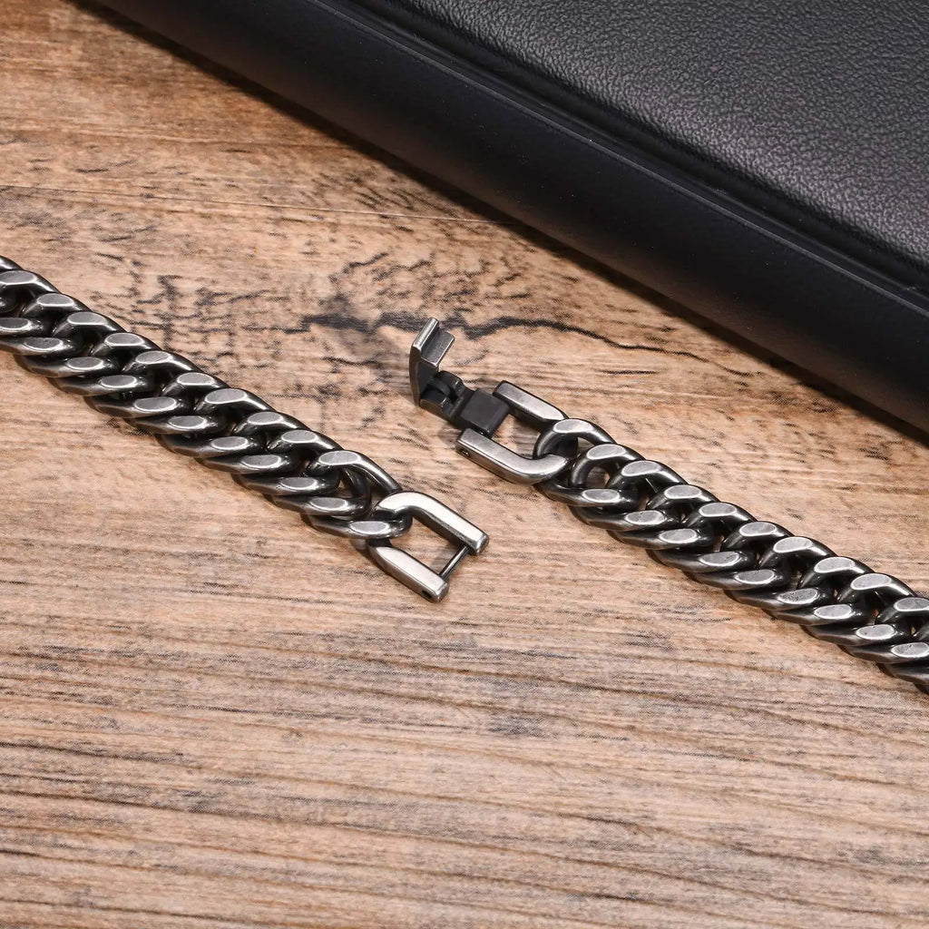 Vintage Men's Chunky Chain Bracelets,8/10/12mm Retro Grey Stainless Steel Cuban Chain Wristband,Rock Punk Classic