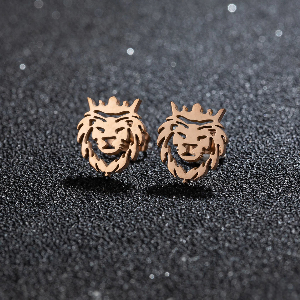 Crown Lion Head Stud Earrings — Hollow Cutout, Stainless Steel