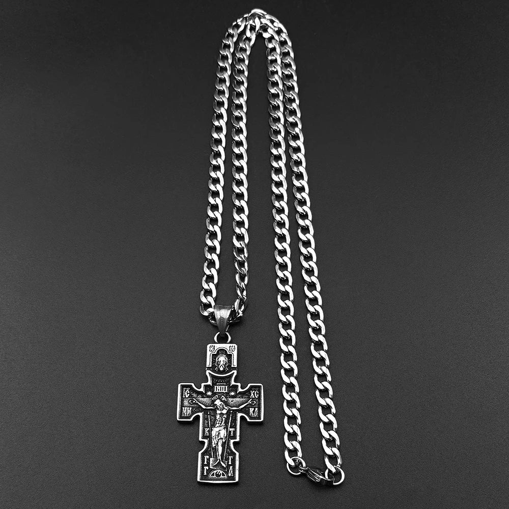 Vintage Cross Necklace — Orthodox Jesus Crucifix Icon