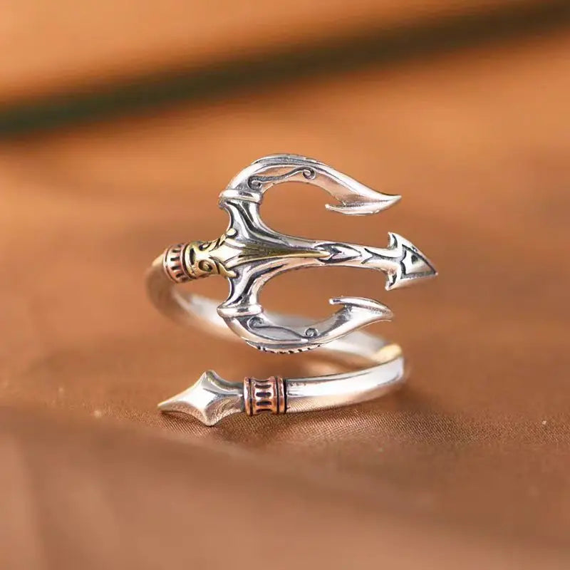 Sea God Trident Open Ring for Men — Silver-Tone Adjustable