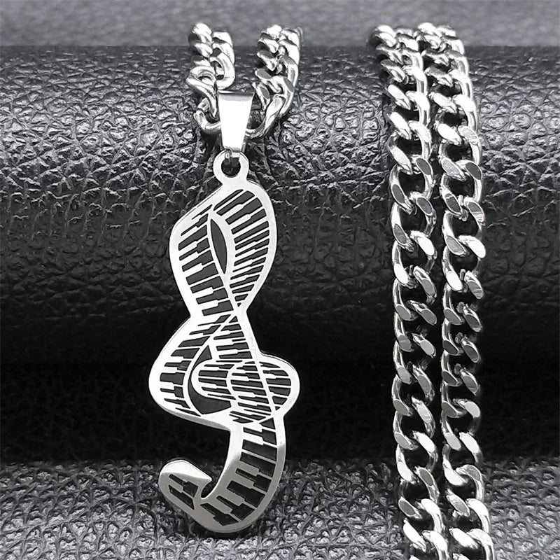 Piano Note Silver Pendant Necklace — Stainless Steel