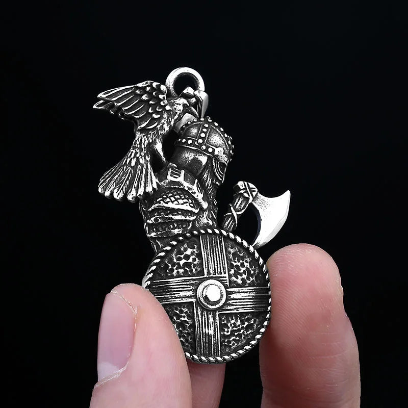 Good Detail 2024 NEW 316L Stainless Steel Viking Warrir Crow Symbol Crow Axe Pendant Necklace For Man Hiphop Jewelry For Man