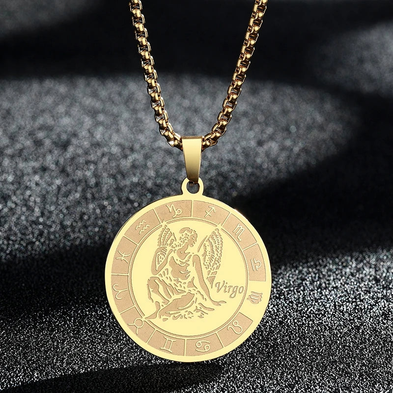 Stainless Steel Zodiac Sign Necklace For Women Men 12 Constellation Libra Symbol Pendant Necklace Amulet Collar Men Jewelry Gift