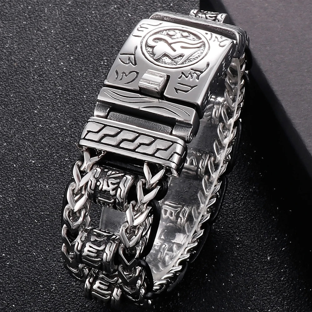 Cool Men‘s Stainless Steel Braided Rope Dragon Bone & Skull Head Bracelet for Man Religious Scripture Bracelets