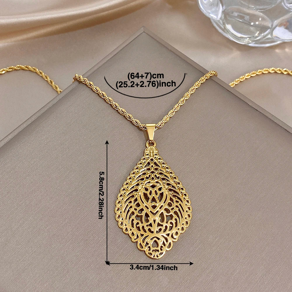 Greatera Vintage Embossment Teardrop Pendant Necklace For Women Men Chic Hollow Artistic Design Stainless Steel Jewelry Party
