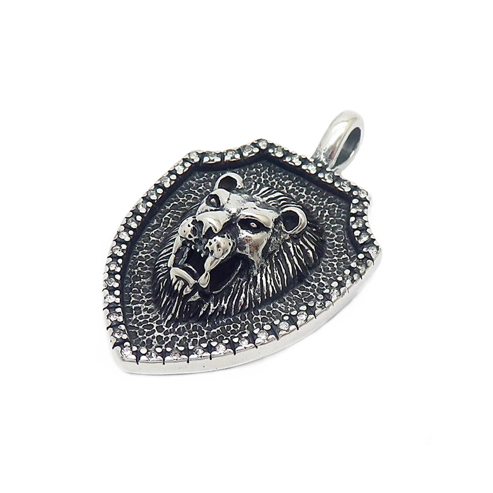 Lion Head Shield Pendant Necklace — Stainless Steel
