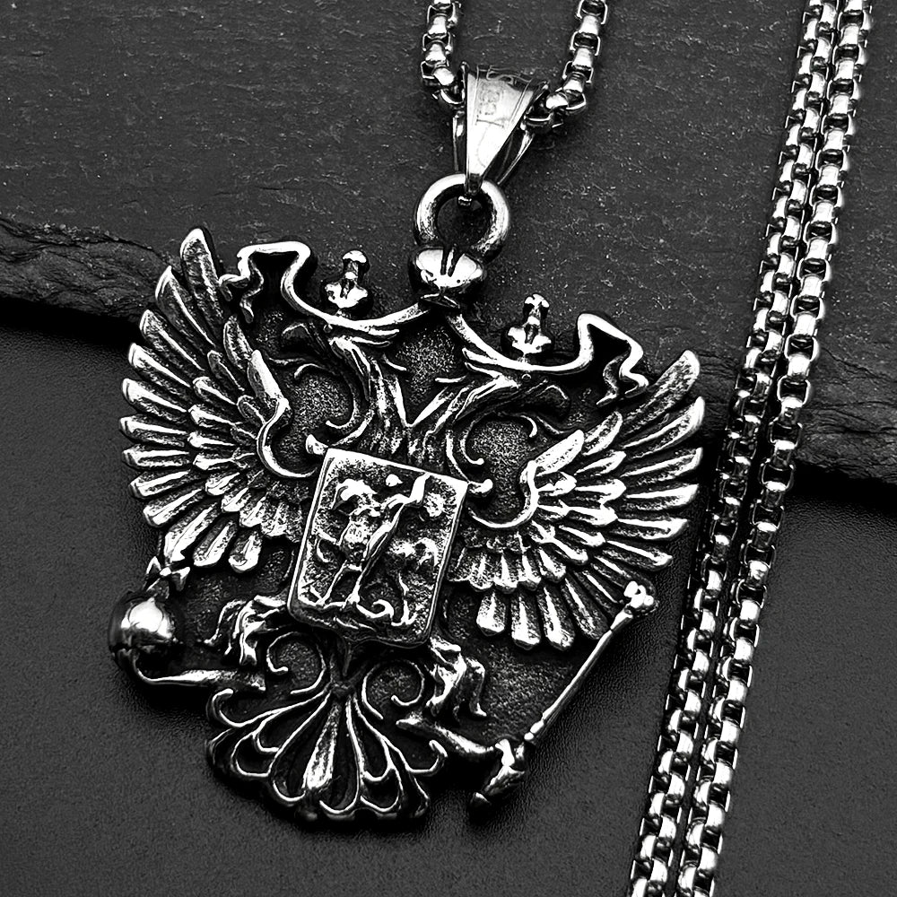 Russian Double-Headed Eagle National Emblem Symbol Pendant Necklaces for Women Men Silver Color Stainless Steel Jewelry Gift