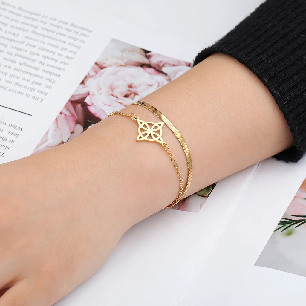 Lemegeton Charm Witch Celtic Knot Double Layer Bracelets Women Wicca Amulet Adjustable Chains Bracelet Stainless Steel