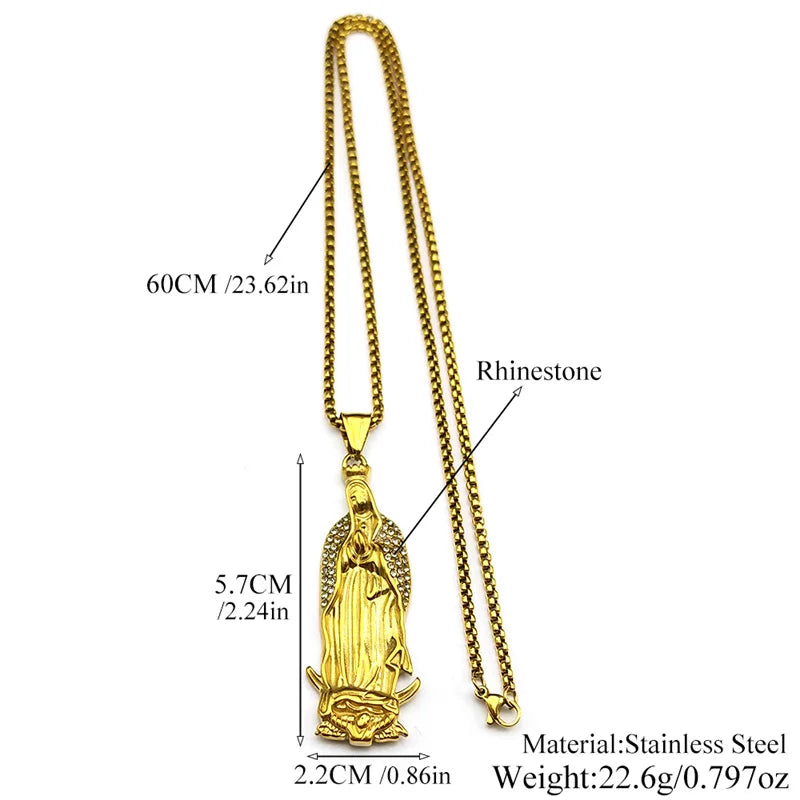 Virgin Mary Guadalupe Rhinestone Necklace — Stainless Steel