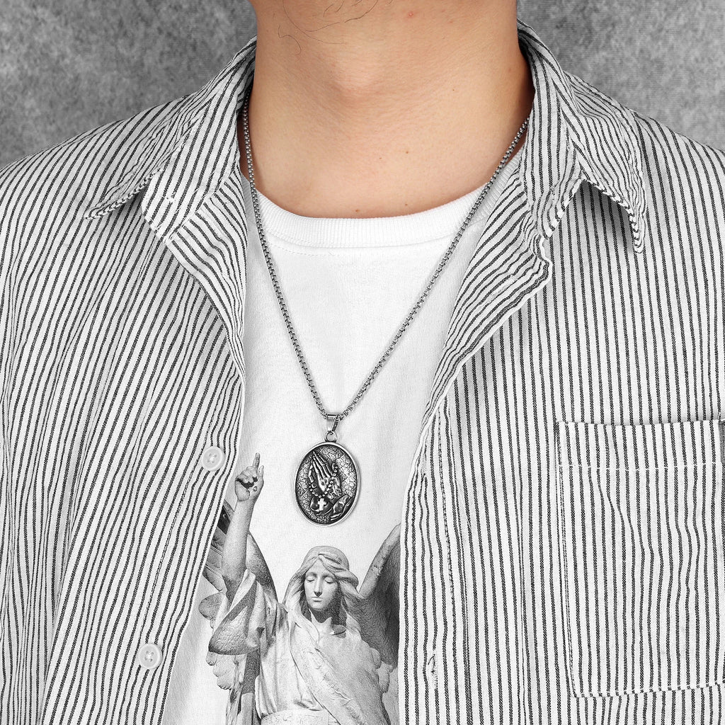 Praying Hands Cross Pendant — Stainless Steel