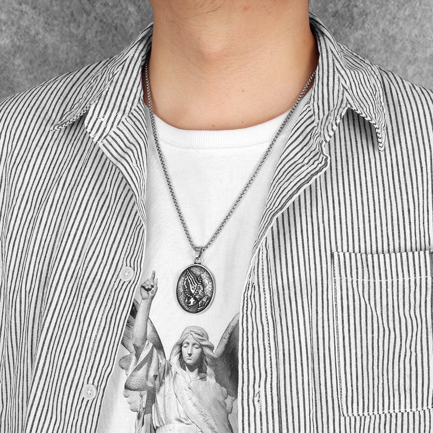 Praying Hands Cross Pendant — Stainless Steel